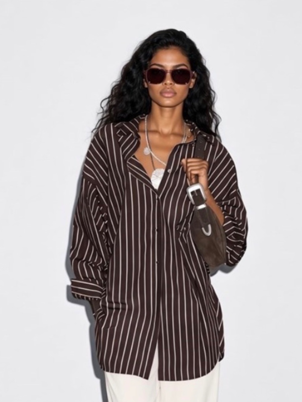 💐NWT💐 Massimo Dutti Oversized Dark Brown Striped Shirt - size XS-S